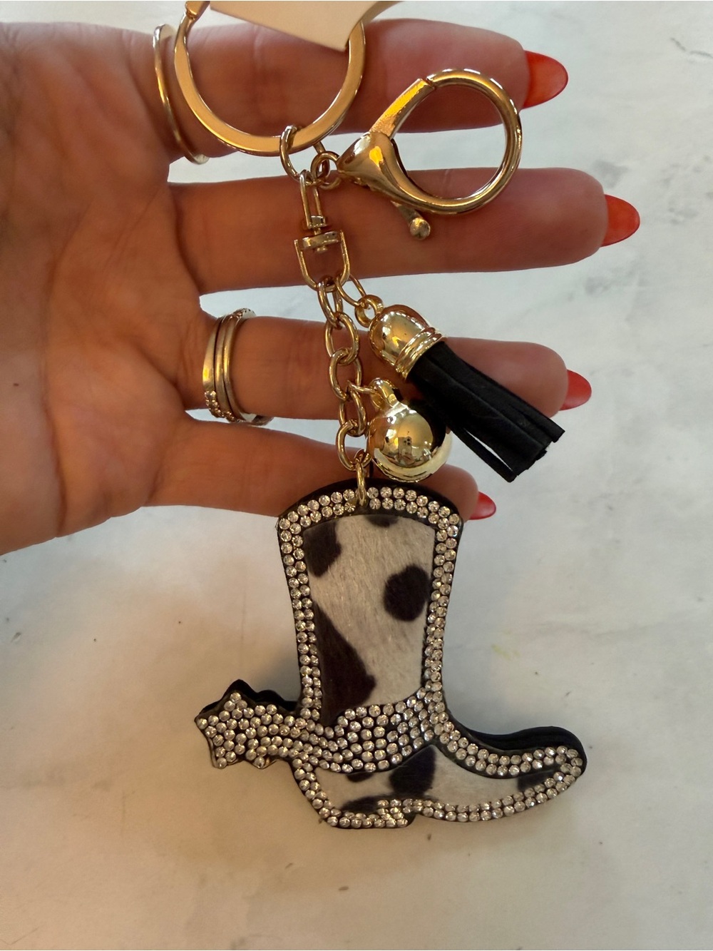 ✨ Giddy Up! Western Rhinestone Black & White Cowhide Cowboy Boot Puffy Keychain - Picture 6 of 7